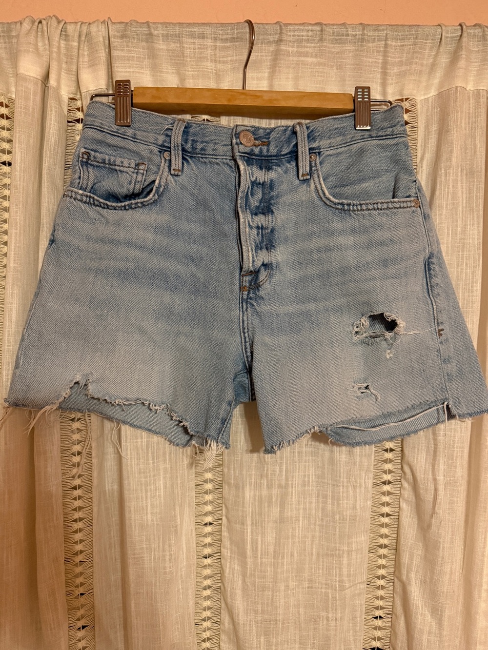 Frame Denim Light Blue Distressed High-Rise Cutoff Shorts